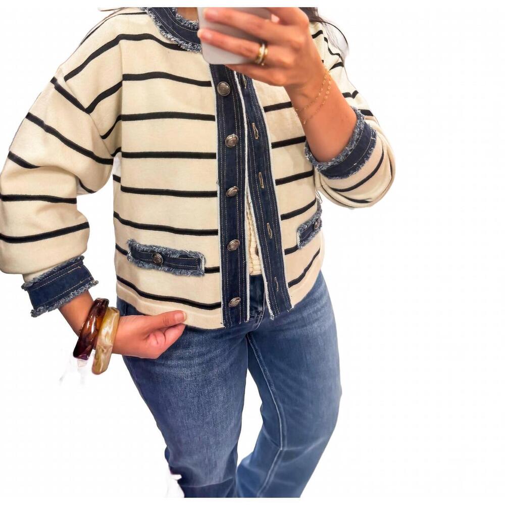 NEW ABLE french girl favorite stripe cardigan in cream/black